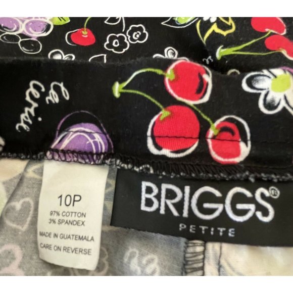 Women's Capri Length Pants Briggs 10 Petite Stretch Black Colorful Fruit Flowers - Picture 5 of 7